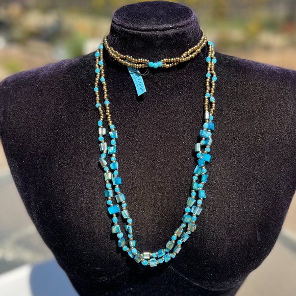 Shell & Bead Necklace Multi Strand Long Blue Layering Indonesia Ethnic Tribal - Picture 5 of 5